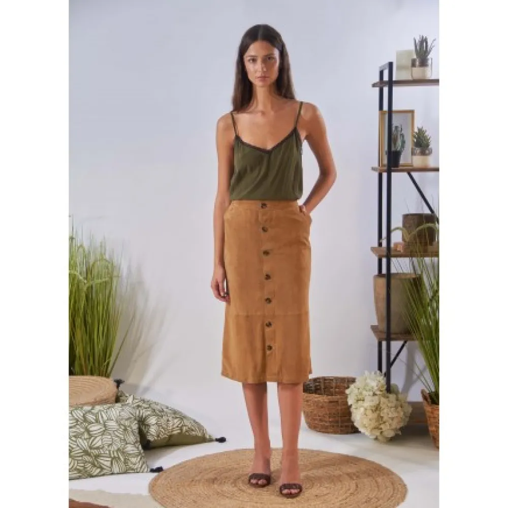 Aliana Tan - Jupe Midi A Boutons En Cuir Veritable De Chevre Velours^OAKWOOD Best