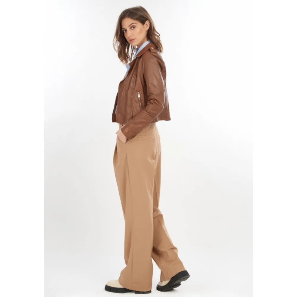Alizee Cognac - Blouson Asymetrique Court En Cuir Veritable Effet Lave^OAKWOOD New