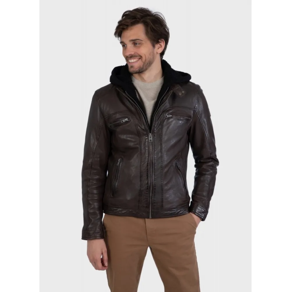 Drink Marron - Blouson En Cuir Veritable A Capuche Amovible^OAKWOOD Discount