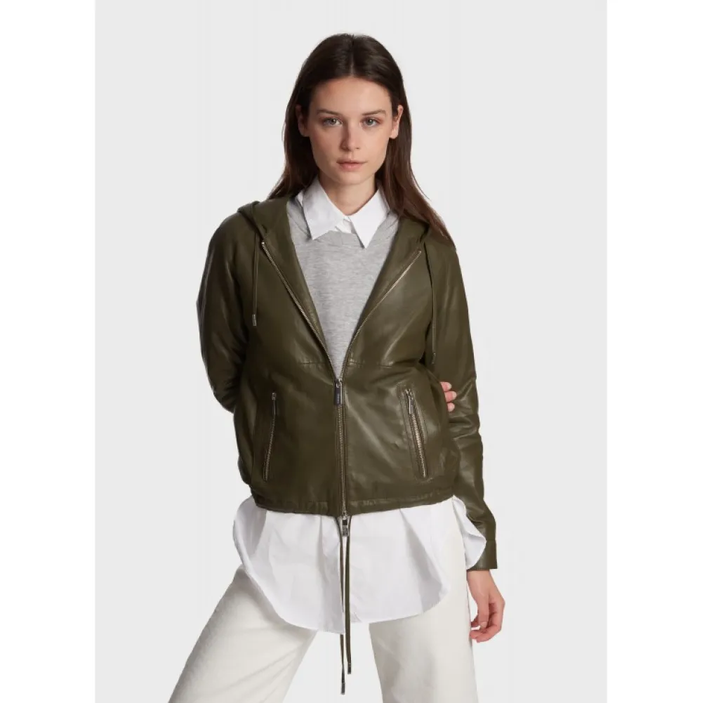 Dynamic Kaki - Blouson A Capuche En Cuir Veritable^OAKWOOD Shop