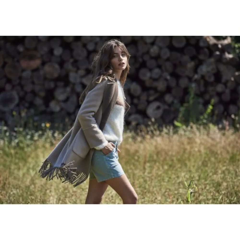 Fabienne Bi Kaki Fonce - Manteau En Laine Mi-Long Reversible Et A Franges^OAKWOOD Hot