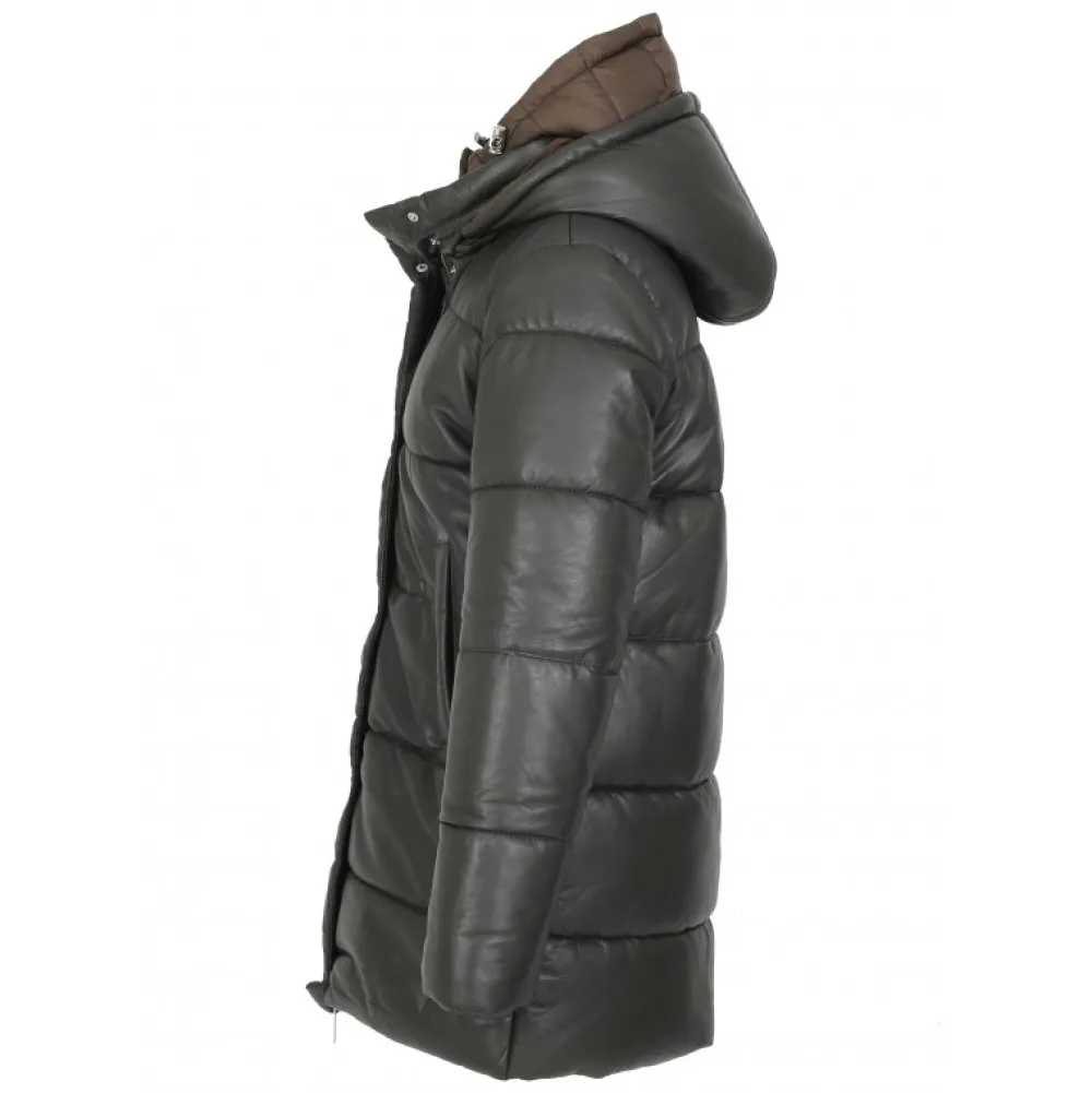 Fancy Kaki Fonce - Doudoune Mi-Longue En Cuir Veritable Avec Capuches Amovibles^OAKWOOD Online