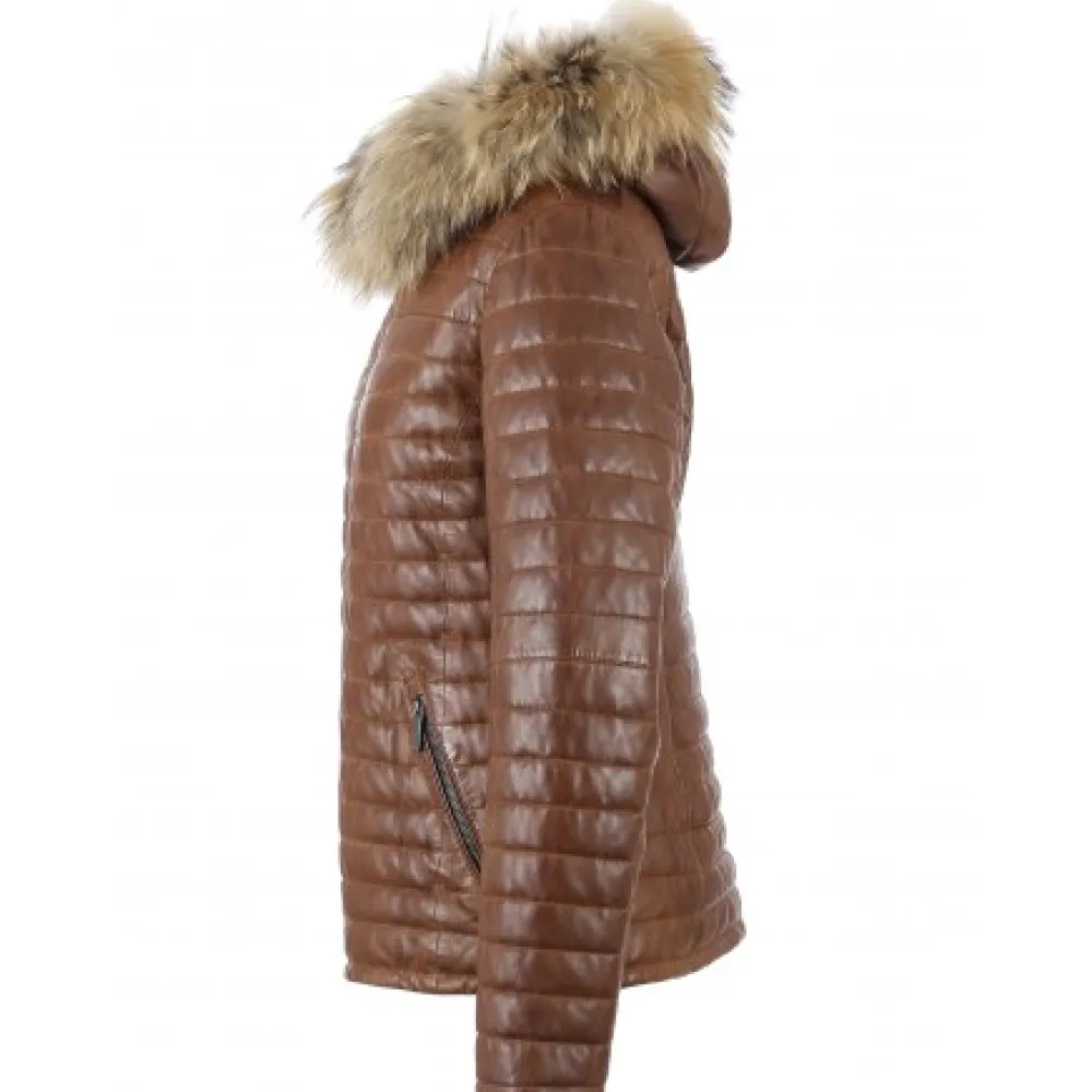 Happy Cognac - Doudoune En Cuir Veritable Bicolore A Capuche & Fourrure^OAKWOOD Store