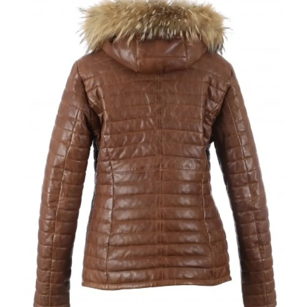 Happy Cognac - Doudoune En Cuir Veritable Bicolore A Capuche & Fourrure^OAKWOOD Store