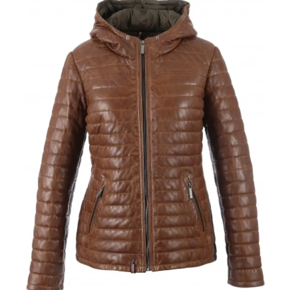 Happy Cognac - Doudoune En Cuir Veritable Bicolore A Capuche & Fourrure^OAKWOOD Store