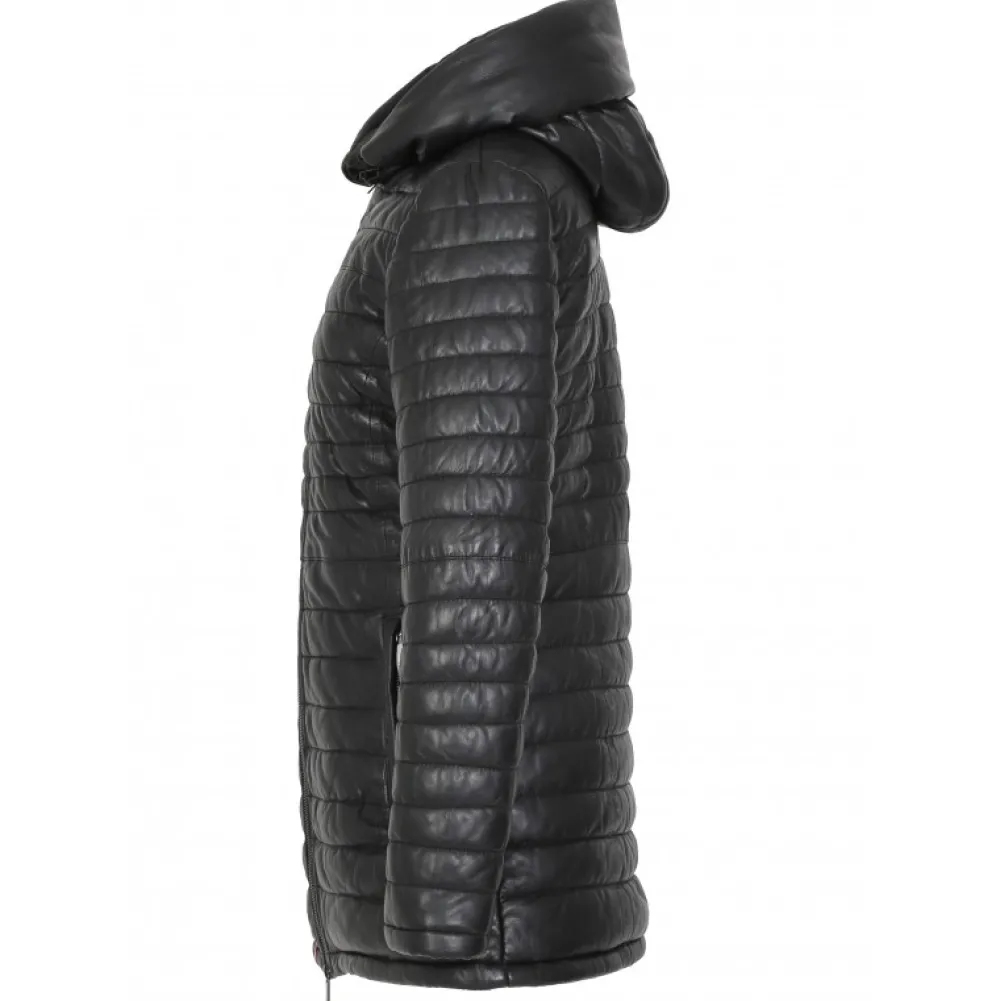 Hopper Noir - Doudoune Mi-Longue En Cuir Veritable Capuche A Revers^OAKWOOD Clearance
