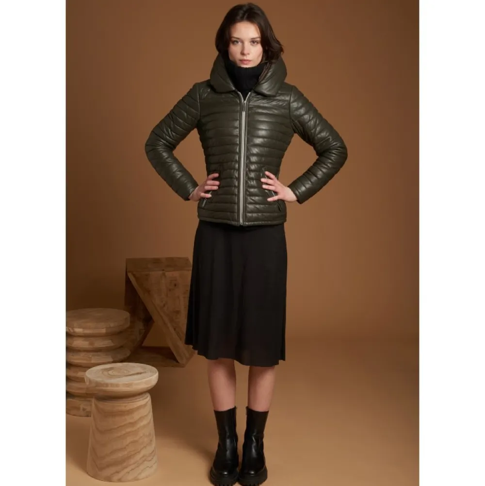 Hyper Kaki Fonce - Doudoune Courte En Cuir Veritable Capuche A Revers^OAKWOOD Store