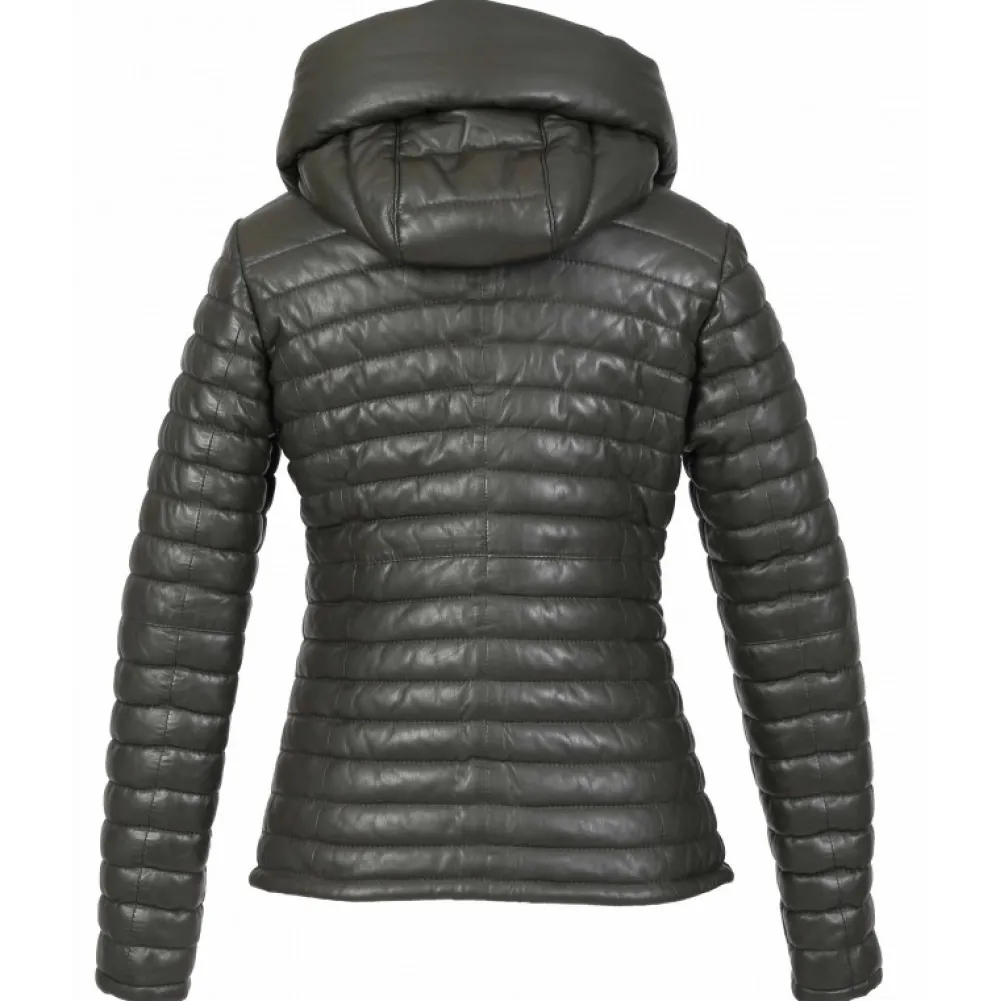 Hyper Kaki Fonce - Doudoune Courte En Cuir Veritable Capuche A Revers^OAKWOOD Store