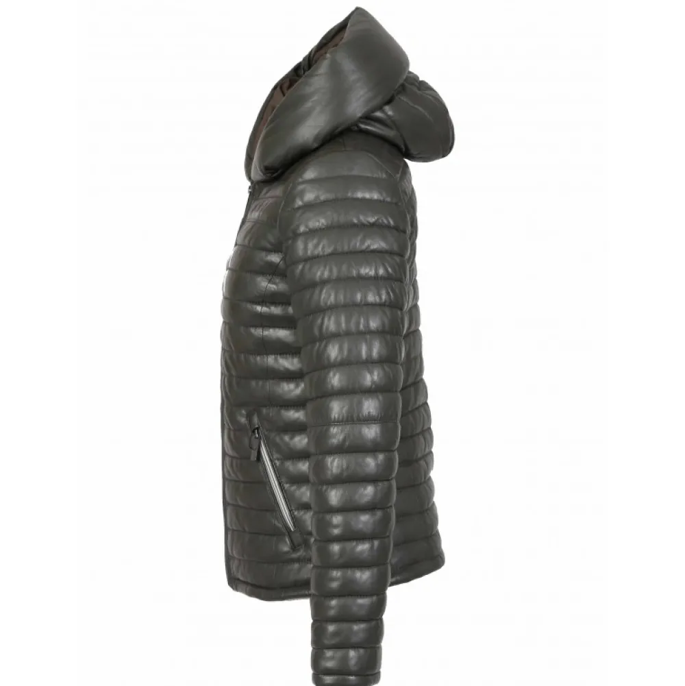 Hyper Kaki Fonce - Doudoune Courte En Cuir Veritable Capuche A Revers^OAKWOOD Store