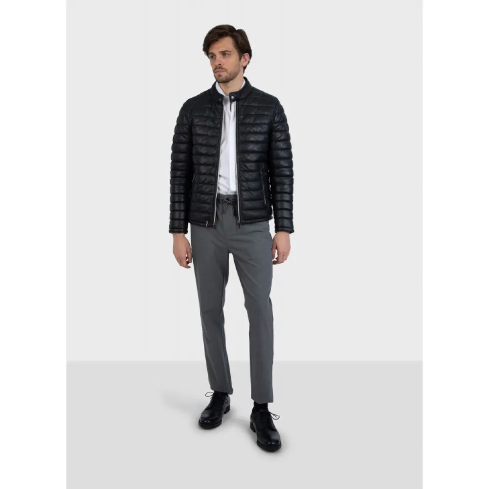 Julien Noir - Doudoune En Cuir Veritable Avec Col Mao Pressionne^OAKWOOD New