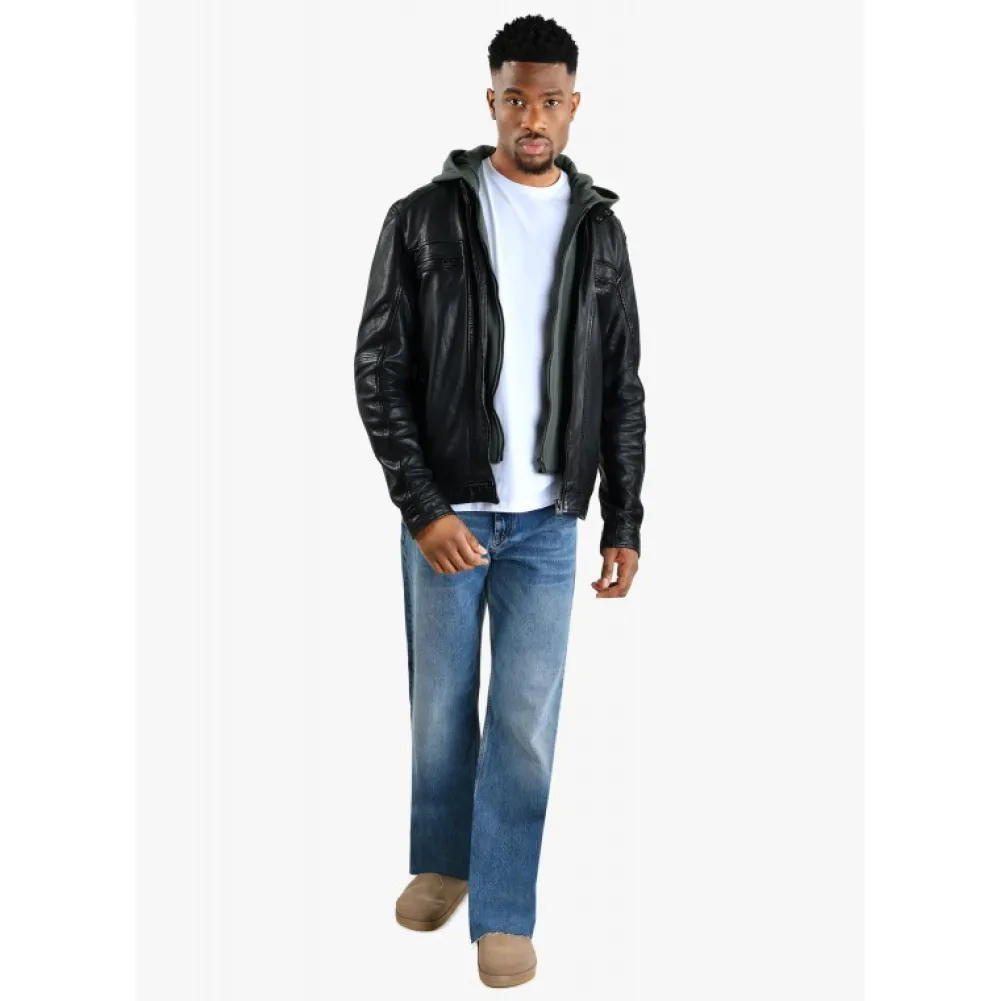 Kingsley Noir - Blouson En Cuir Veritable Effet Lave & Capuche Amovible^OAKWOOD Online