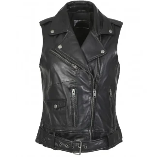 Kylie 6 Noir - Blouson Sans Manches Esprit Biker En Cuir Veritable^OAKWOOD Discount