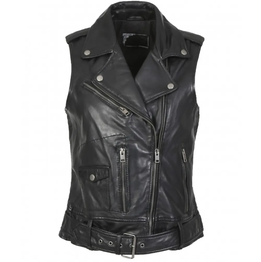 Kylie 6 Noir - Blouson Sans Manches Esprit Biker En Cuir Veritable^OAKWOOD Discount
