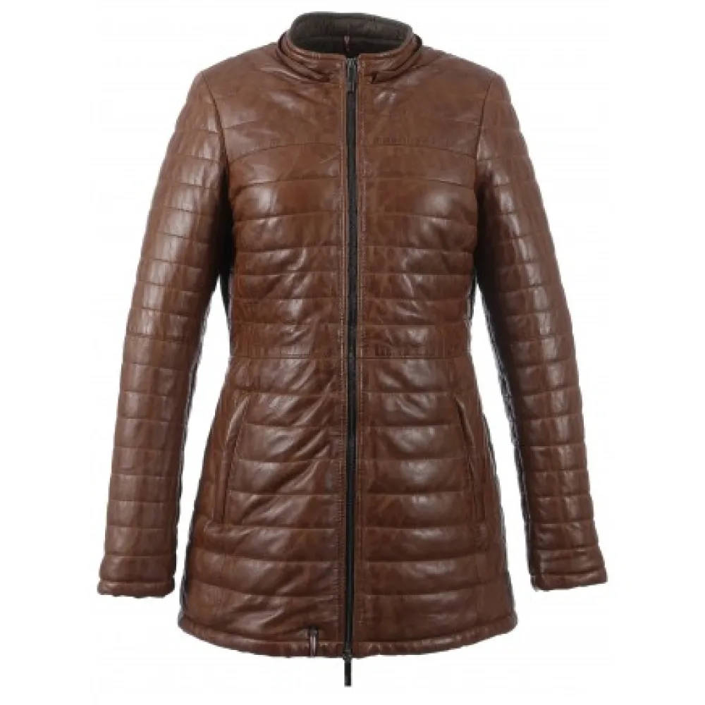 Popping Cognac - Doudoune Longue En Cuir Veritable Bicolore^OAKWOOD New