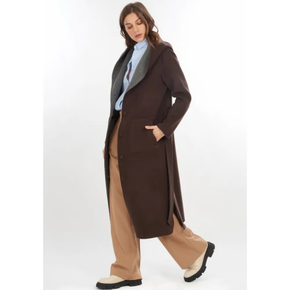 Positano Bi Marron Fonce/Gris - Manteau Long En Laine A Capuche^OAKWOOD Shop