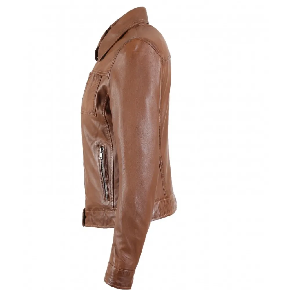 Recital 6 Cognac - Blouson Col Chemise En Cuir Veritable Effet Lave^OAKWOOD Discount