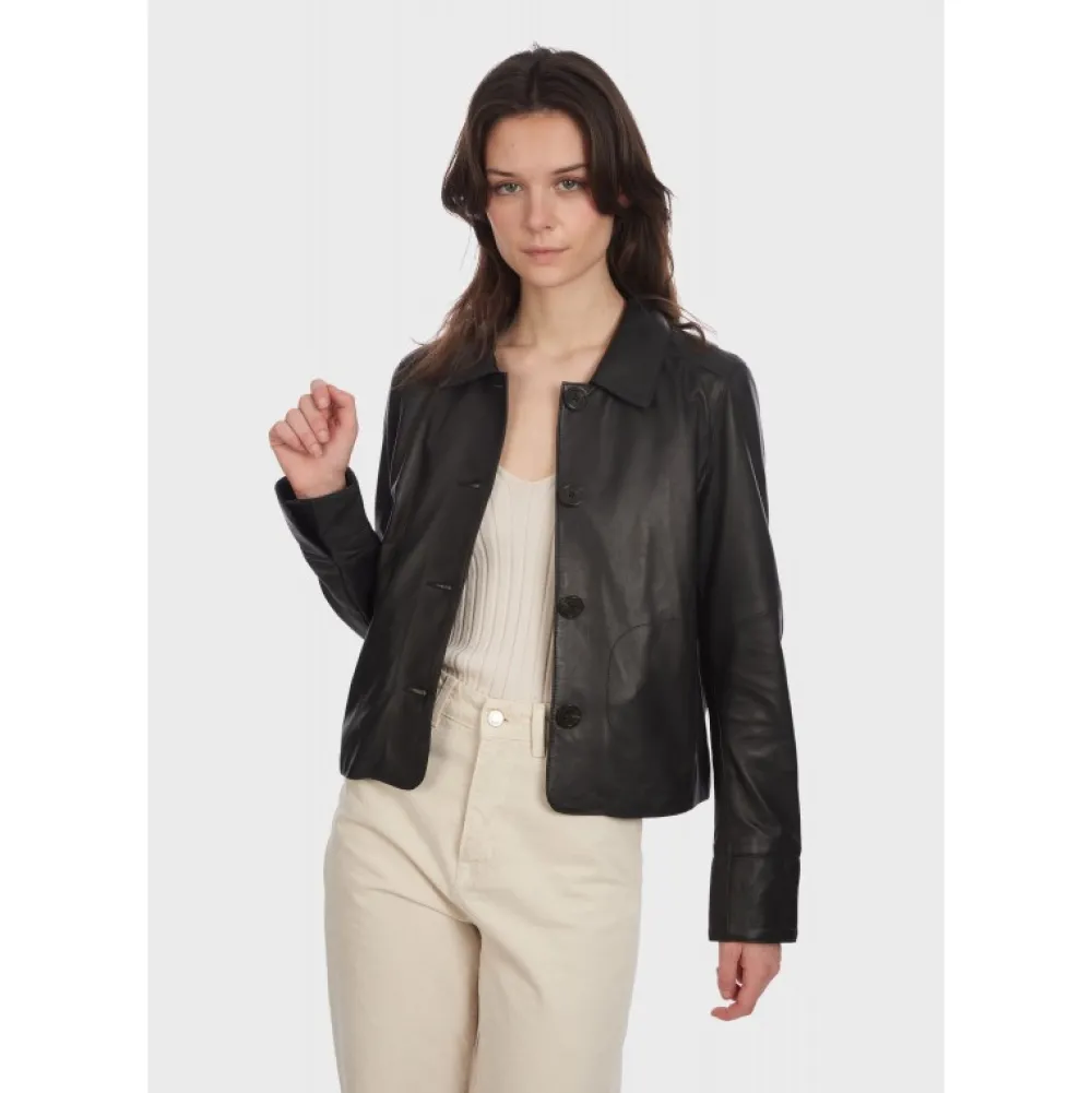 Rosalie Noir - Veste Courte Col Chemise En Cuir Veritable^OAKWOOD Store