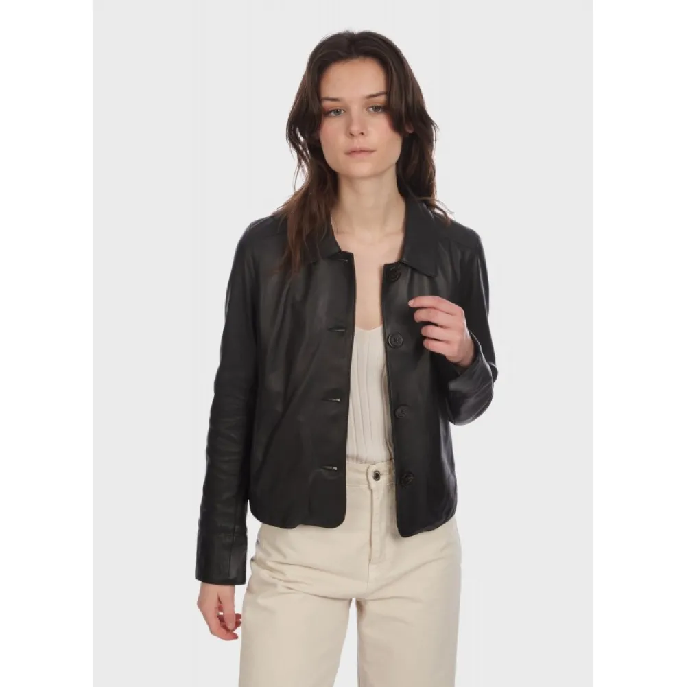 Rosalie Noir - Veste Courte Col Chemise En Cuir Veritable^OAKWOOD Store