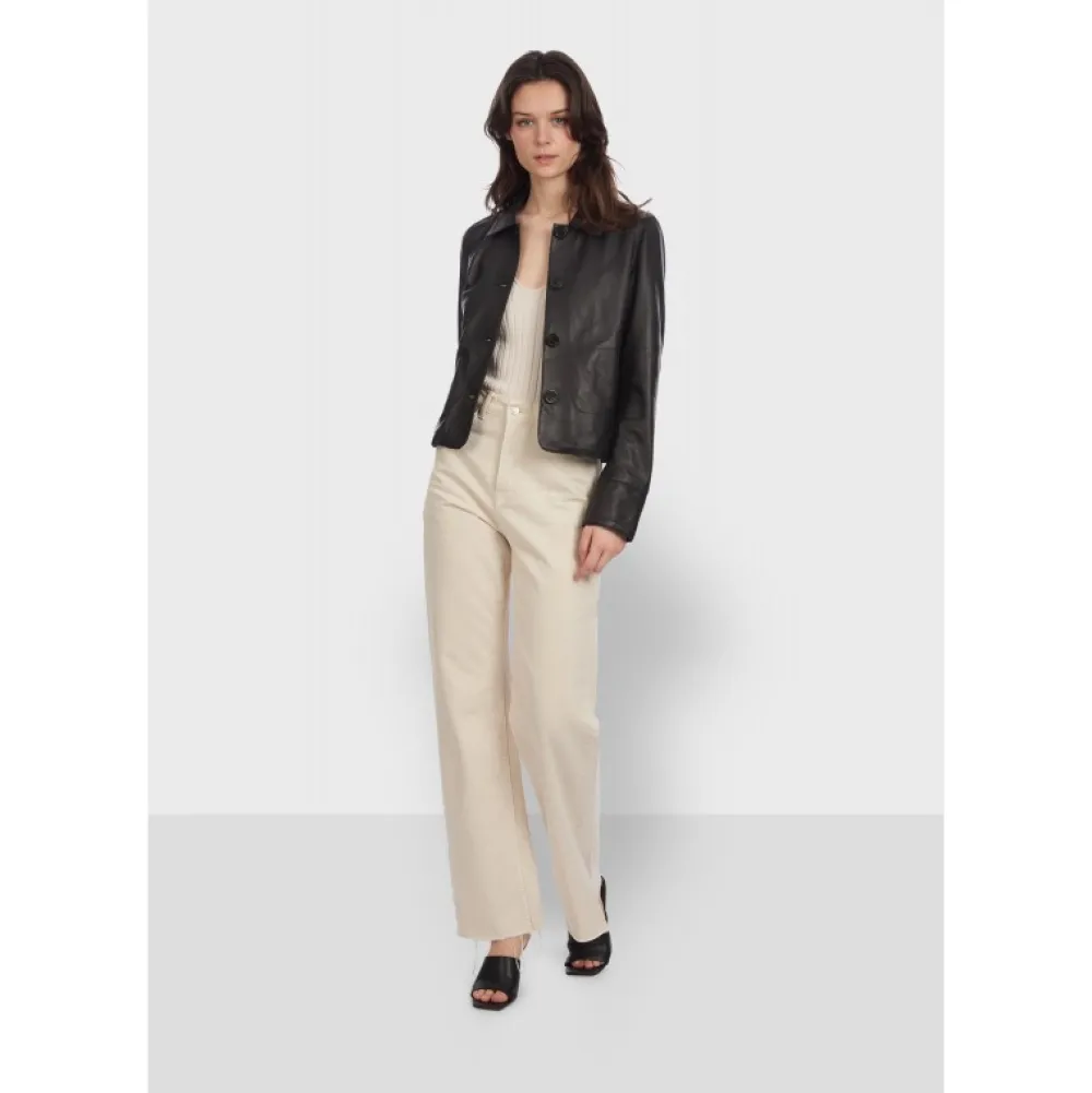 Rosalie Noir - Veste Courte Col Chemise En Cuir Veritable^OAKWOOD Store