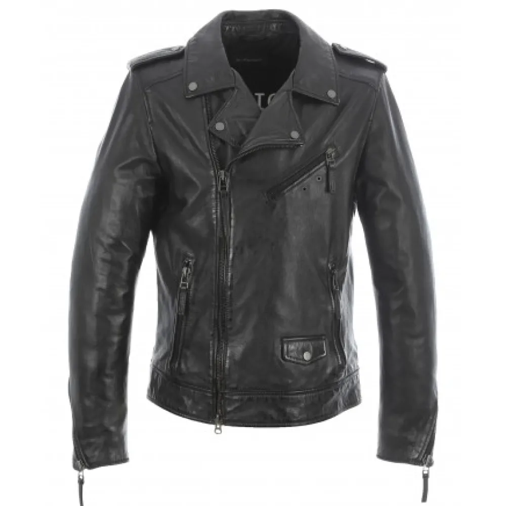 Soldier Noir - Blouson Biker A Fermeture Asymetrique En Cuir Veritable Effet Lave^OAKWOOD Cheap