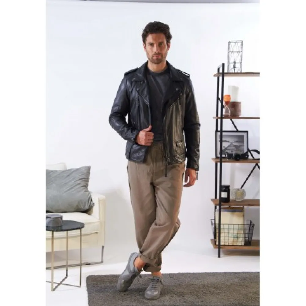 Soldier Noir - Blouson Biker A Fermeture Asymetrique En Cuir Veritable Effet Lave^OAKWOOD Cheap