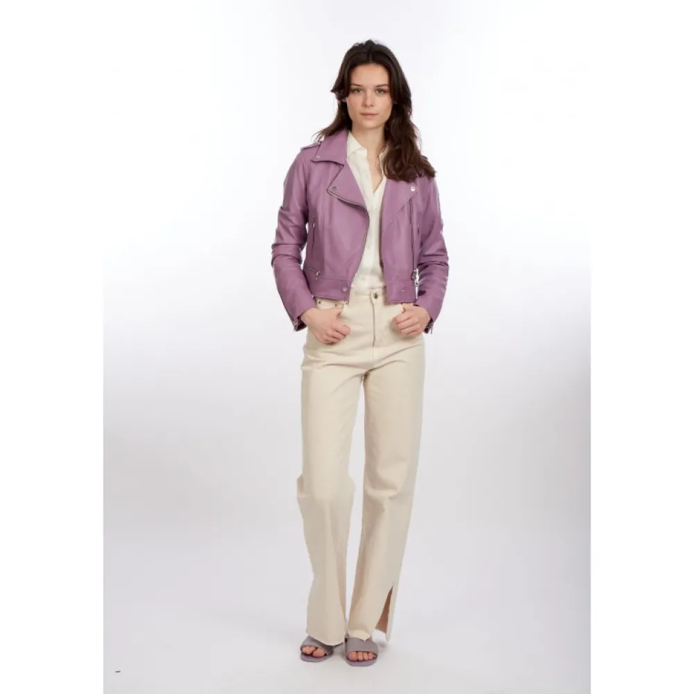 Yoko Lilas - Blouson Court En Cuir Veritable^OAKWOOD Online