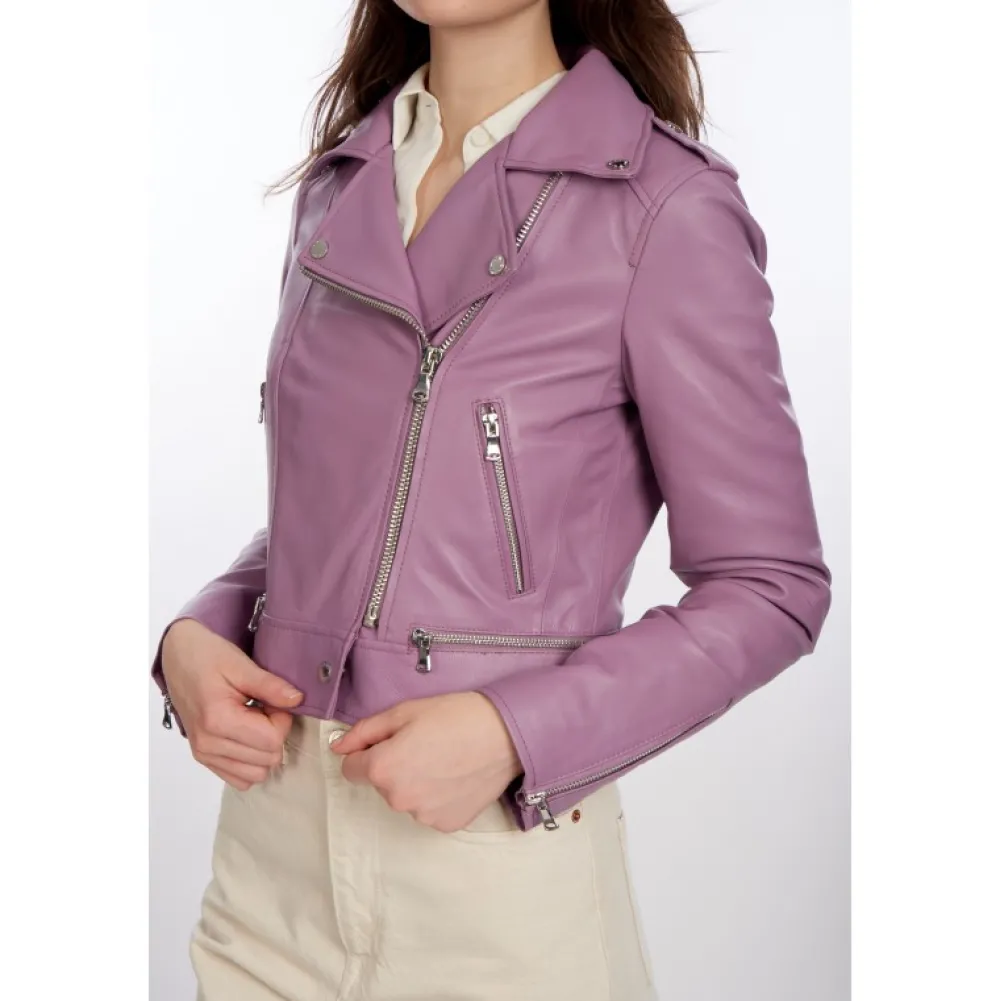 Yoko Lilas - Blouson Court En Cuir Veritable^OAKWOOD Online