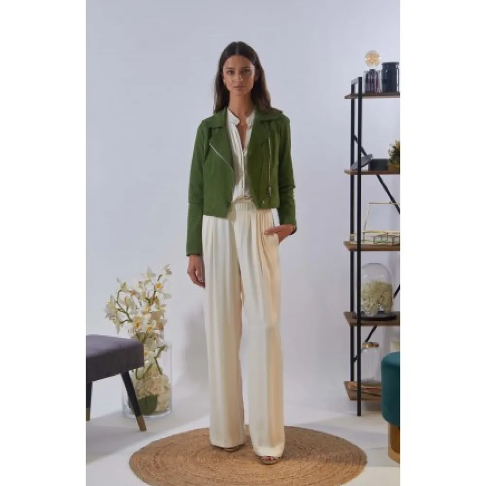 Zulina Kaki - Blouson Biker Court Cuir Veritable Chevre Velours^OAKWOOD Cheap