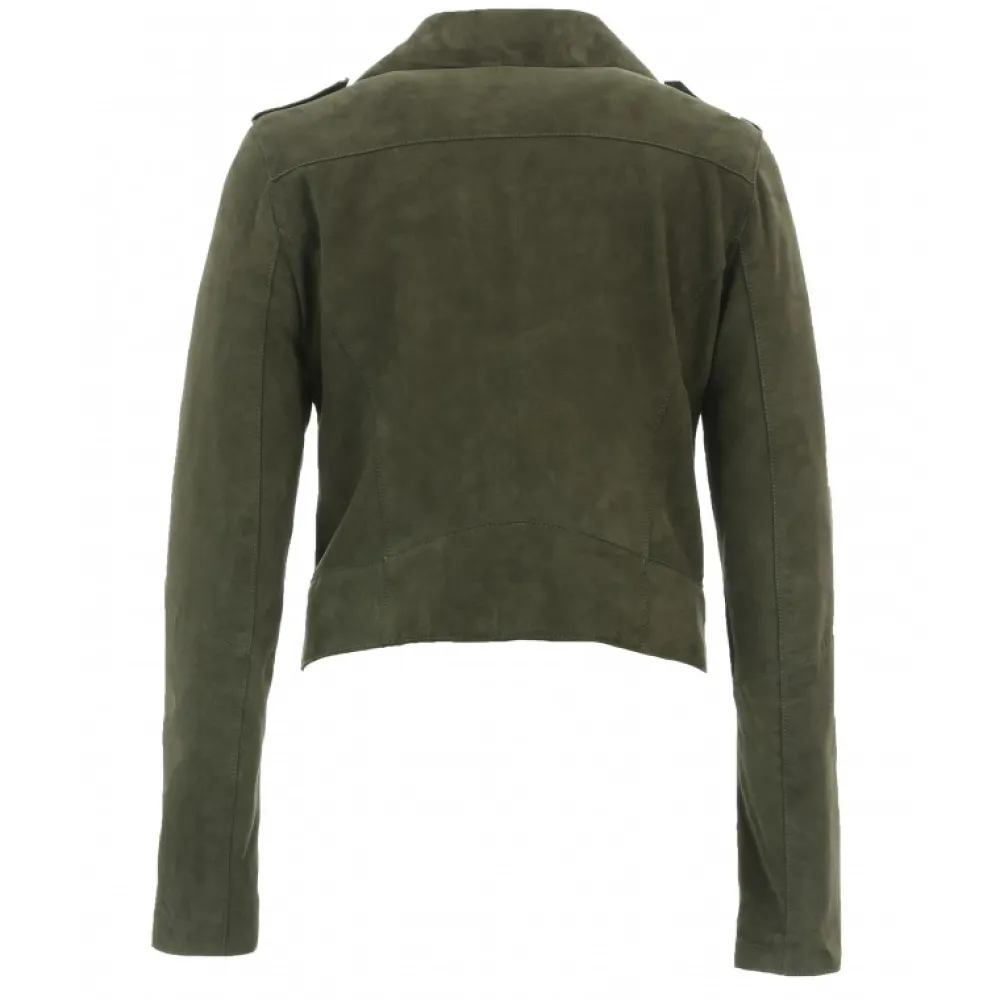 Zulina Kaki Fonce- Blouson Biker Court Cuir Veritable Chevre Velours^OAKWOOD Sale