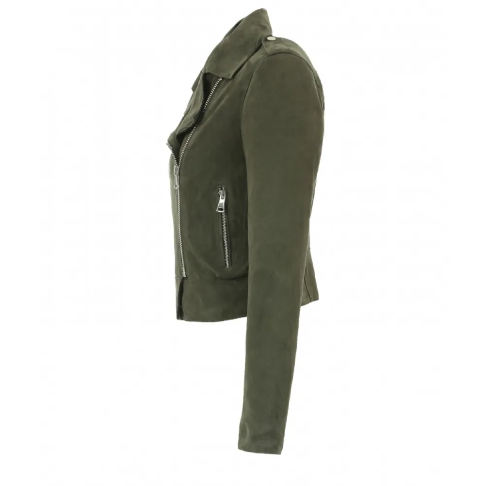 Zulina Kaki Fonce- Blouson Biker Court Cuir Veritable Chevre Velours^OAKWOOD Sale