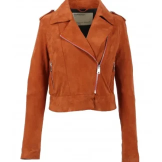 Zulina Orange- Blouson Biker Court Cuir Veritable Chevre Velours^OAKWOOD Store