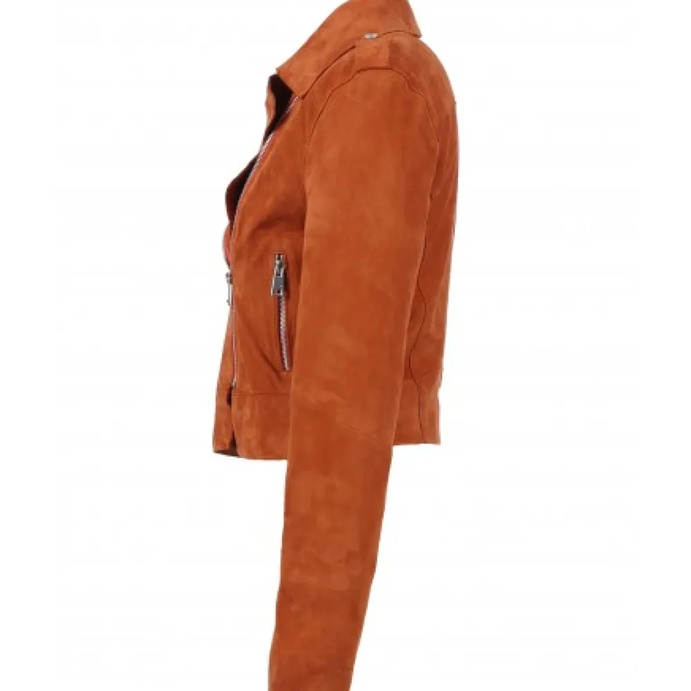 Zulina Orange- Blouson Biker Court Cuir Veritable Chevre Velours^OAKWOOD Store