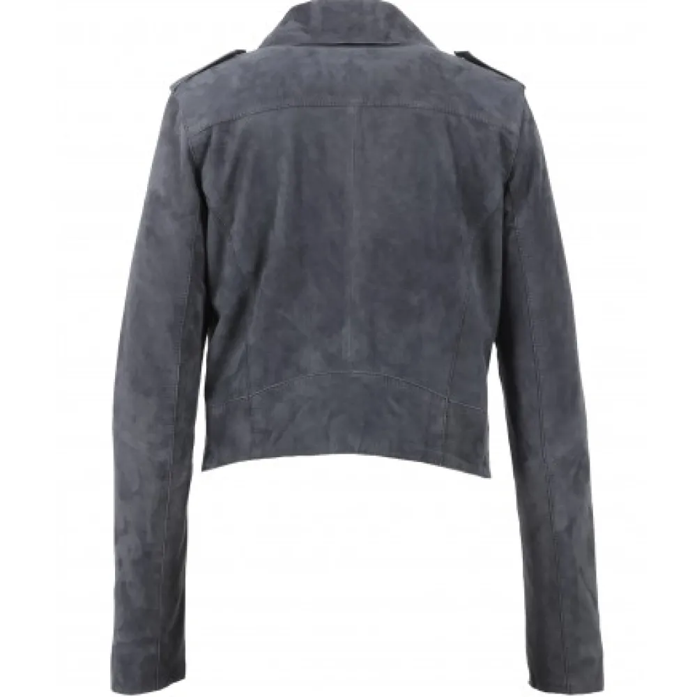 Zulina Petrole - Blouson Biker Court Cuir Veritable Chevre Velours^OAKWOOD Online